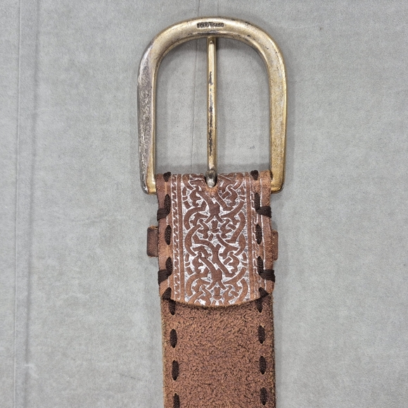 Chunky leather belt womens XL brown silver etching embroidery edges brass buckle - Picture 3 of 12